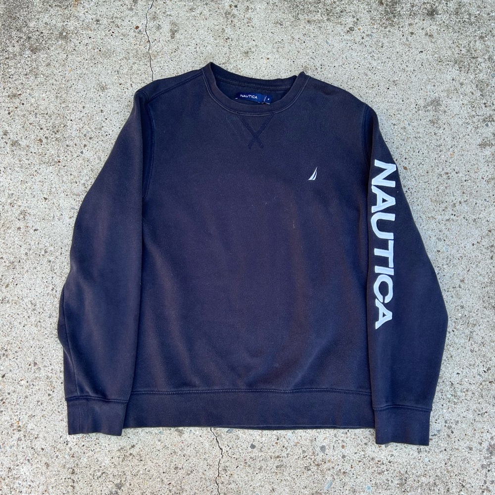 Nautica Sweatshirt Mens M Blue Crewneck Pullover Spell Out Logo Cotton Classic
